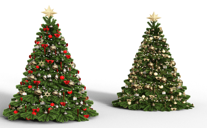 dos árboles de navidad con decorados
