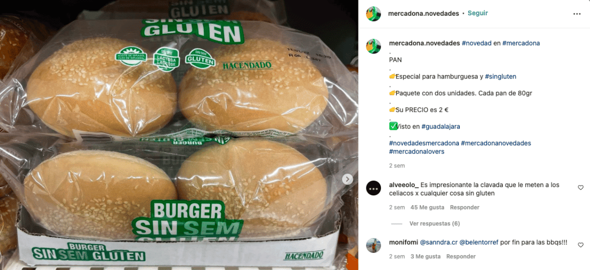 Publicación de Instagram del perfil de Mercadona Novedades con el nuevo pan de hamburguesas sin gluten.