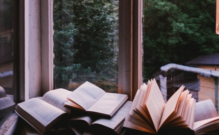 ventana der madera con varios libros abiertos