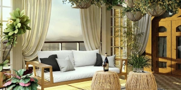 terraza decorada en blanco y madera