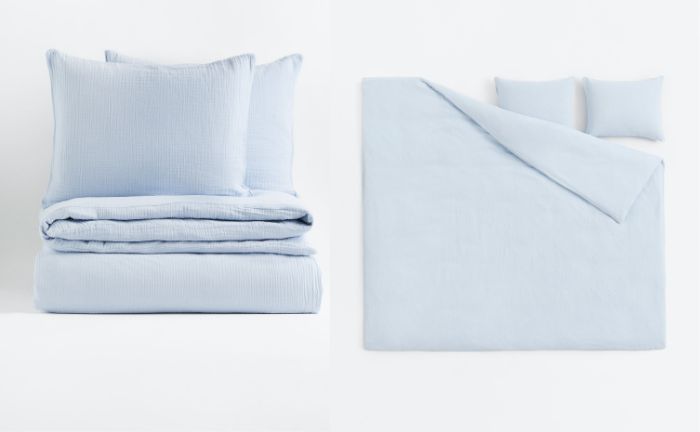 Vista de las fundas nórdicas de muselina de H&M Home en color azul paloma