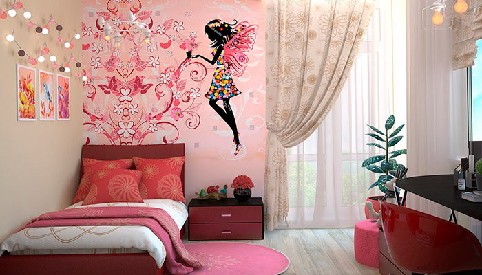 dormitorio con mural de hadas