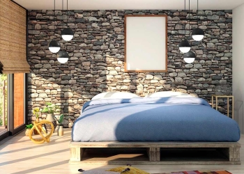 dormitorio con mural imitando piedra