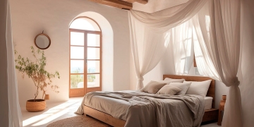 dormitorio con textiles en colores claros