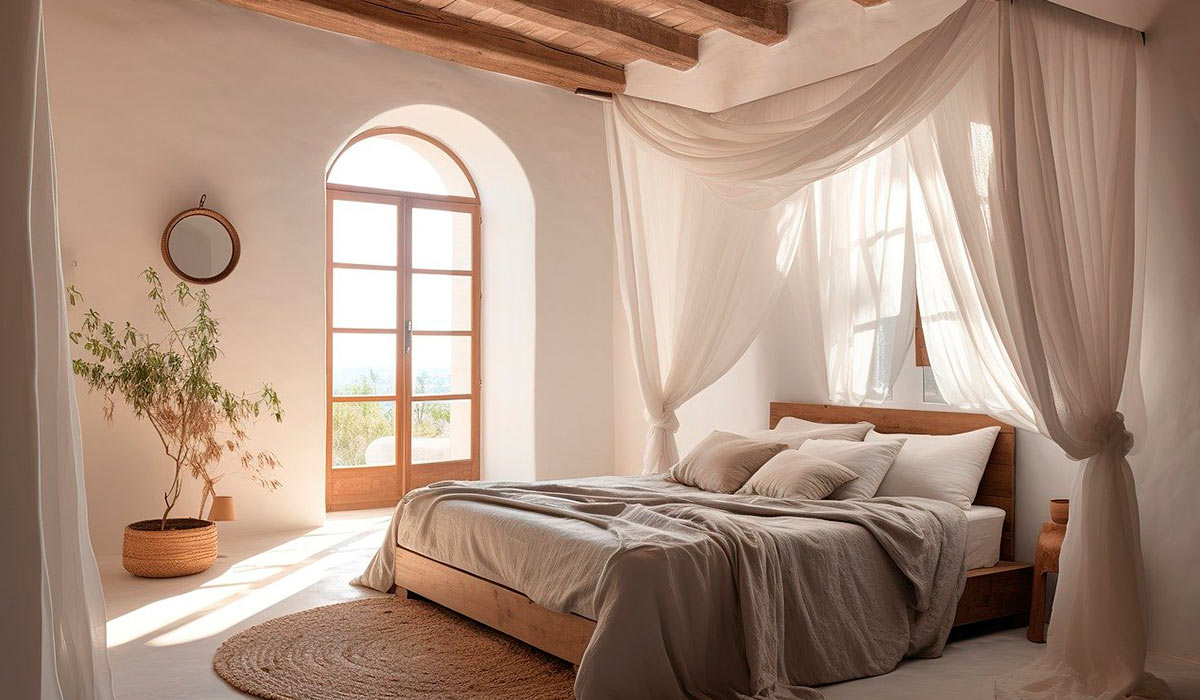 dormitorio con textiles en colores claros