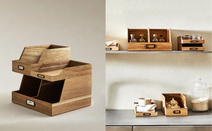 Cajas de almacenaje de acacia para la cocina de Zara Home apiladas y colocadas en la cocina