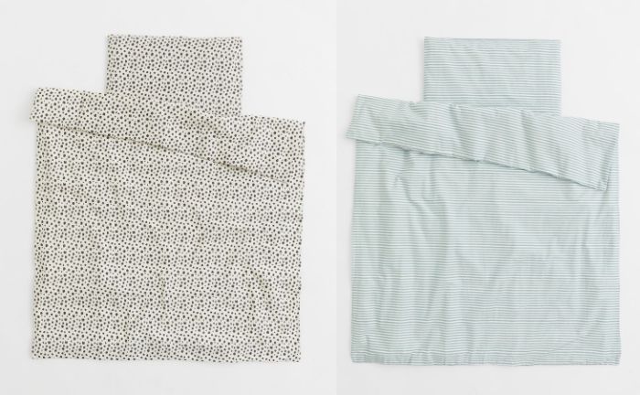 Conjuntos de fundas nórdicas para cuna de H&M Home con estampado de leopardo y rayas marineras en turquesa y blanco
