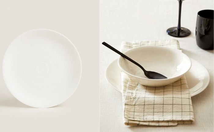 Platos llano y hondo de la vajilla de porcelana blanca con efecto moteado de Zara Home