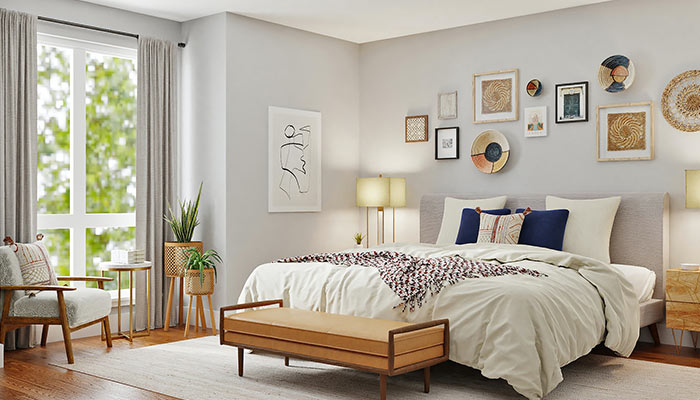 dormitorio decorado en beige y gris