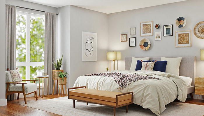 Dormitorio blanco y madera con toques de color