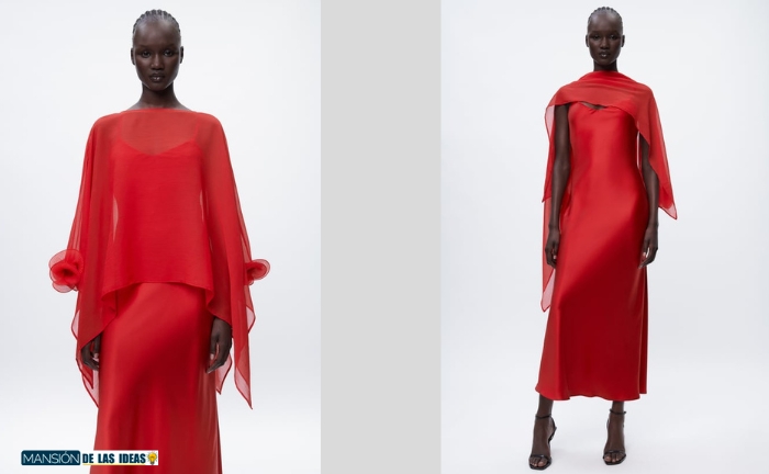 Vestido rojo, lencero y con capa de Zara