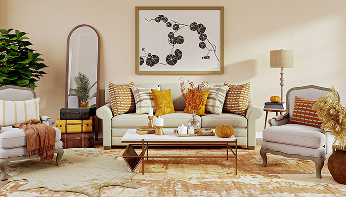 Salón decorado en tonos beige y mostaza