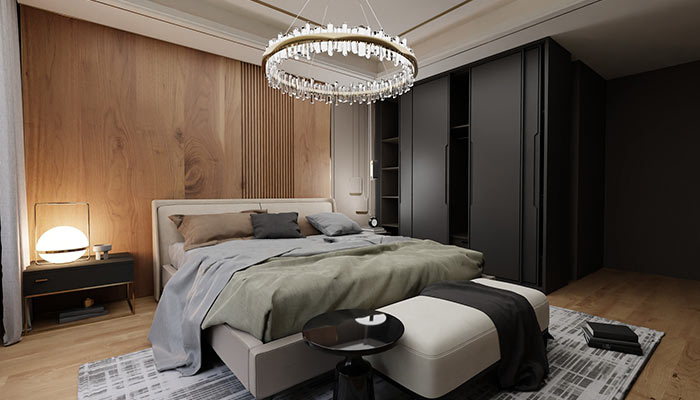 Dormitorio decorado con cabecero de madera