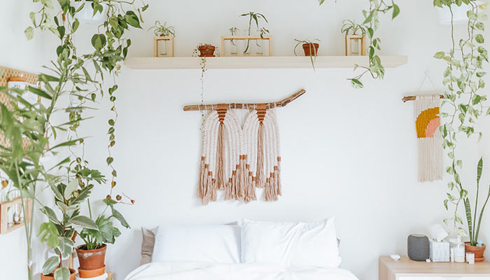 Dormitorio con plantas en el cabecero