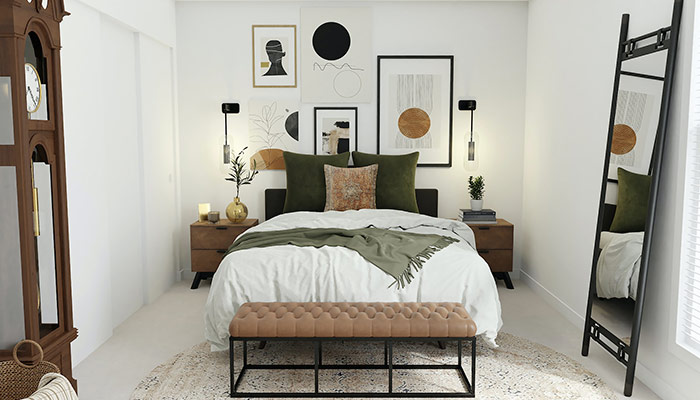 Dormitorio con accesorios de decoración verdes