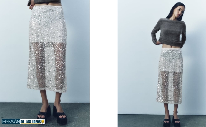 Falda midi con lentejuelas y transparente de Zara