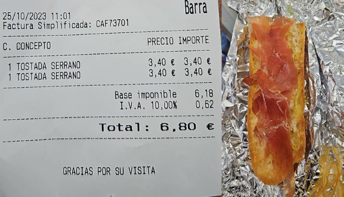 Ticket y bocadillo de Jamon ibérico