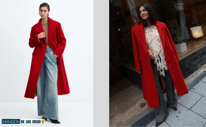 Abrigo largo de lana rojo de Mango